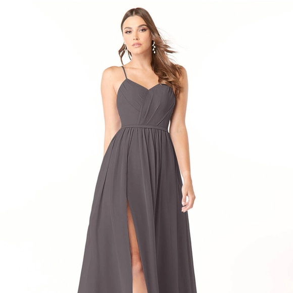 Gray Azizie Sweetheart Neckline A-Line Pleated Chiffon Dress with slit - Picture 1 of 4